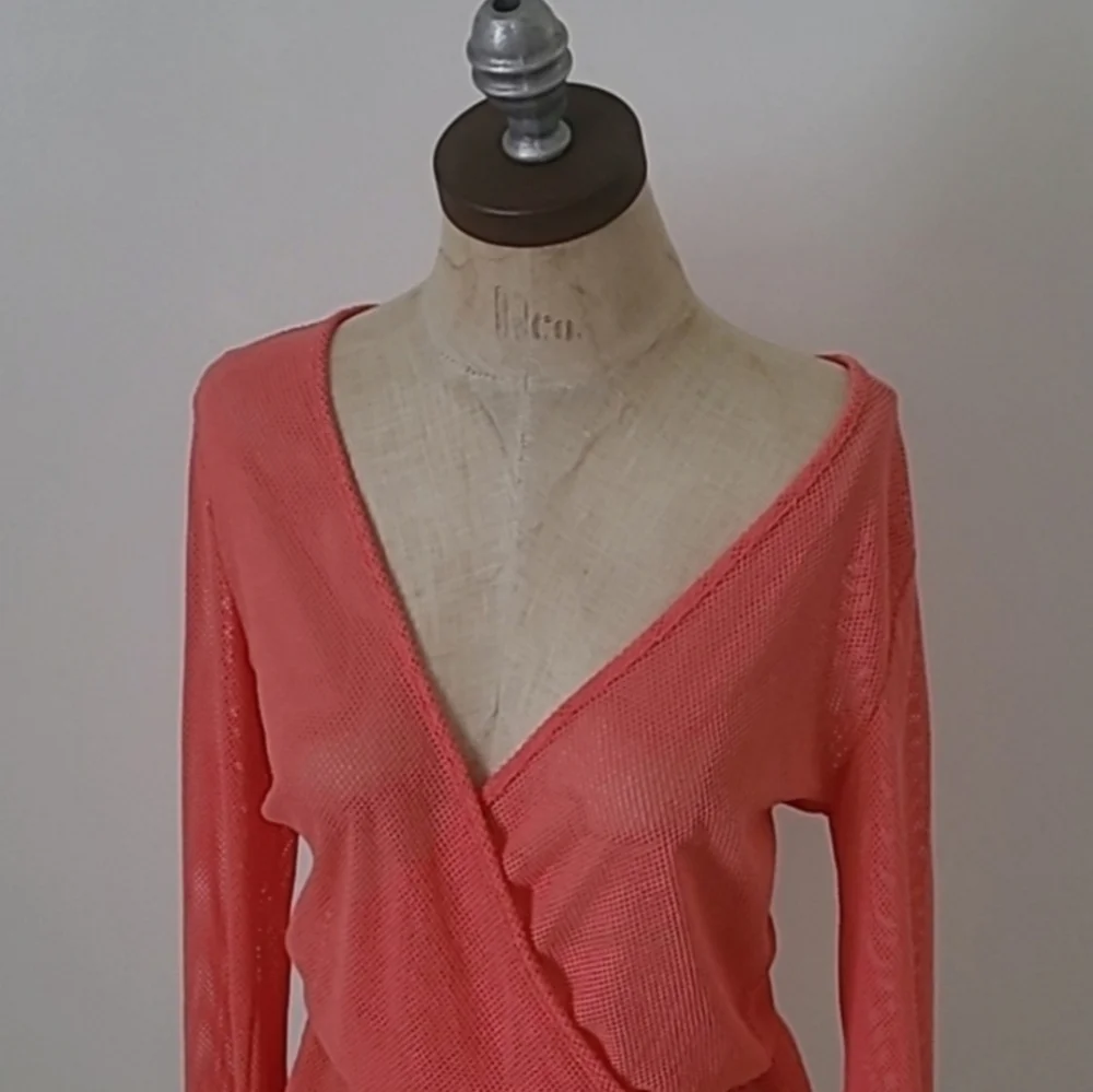 Francesca's Resortwear Mesh Long Sleeve Coral Mini Dress Coverup M/L